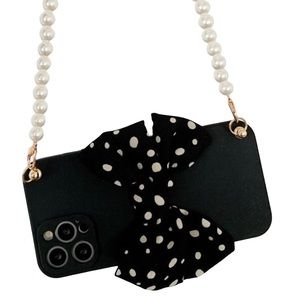 Polka Dot Bowknot Decor Phone Case With Pearl Strap